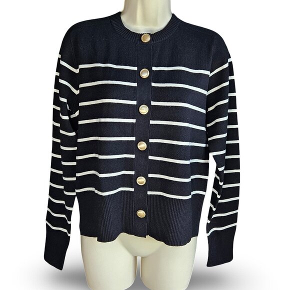 A New Day™ Women's Lady Jacket Cardigan - NWT, Size XS, Black/White Striped - Picture 1 of 12
